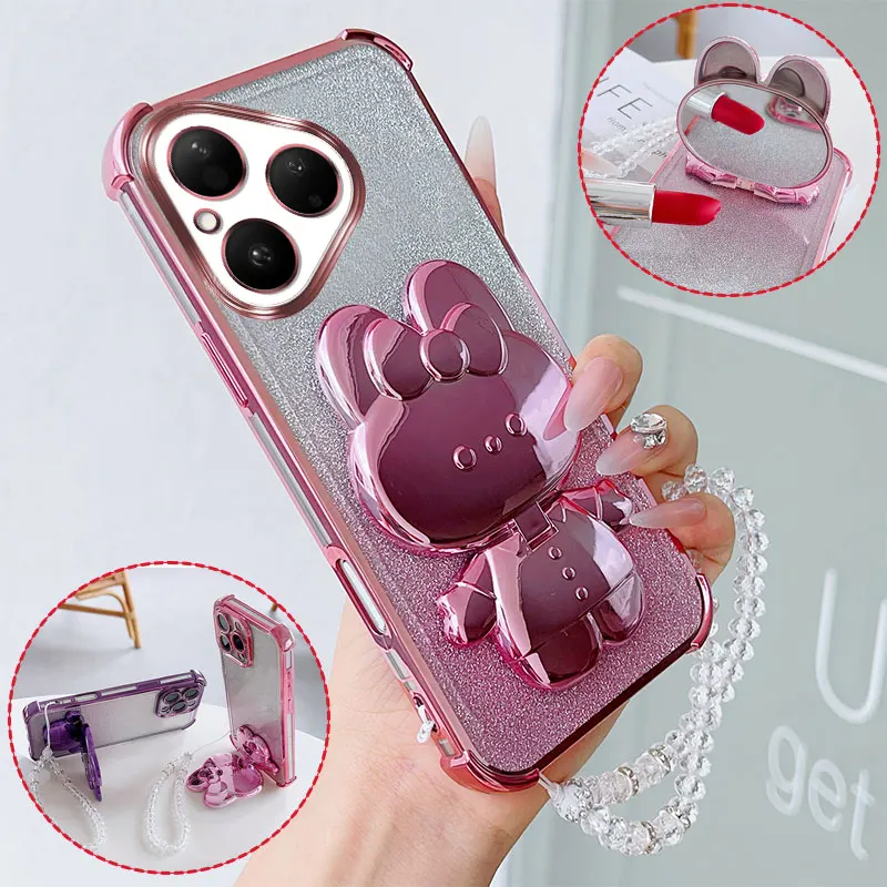 Luxuriöse stoßfeste Handyhülle mit Hasen-Motiv, drehbarem Ständer und Kristall-Lanyard für Huawei Pura 80 70 P60 Pro Plus Ultra Rückseite