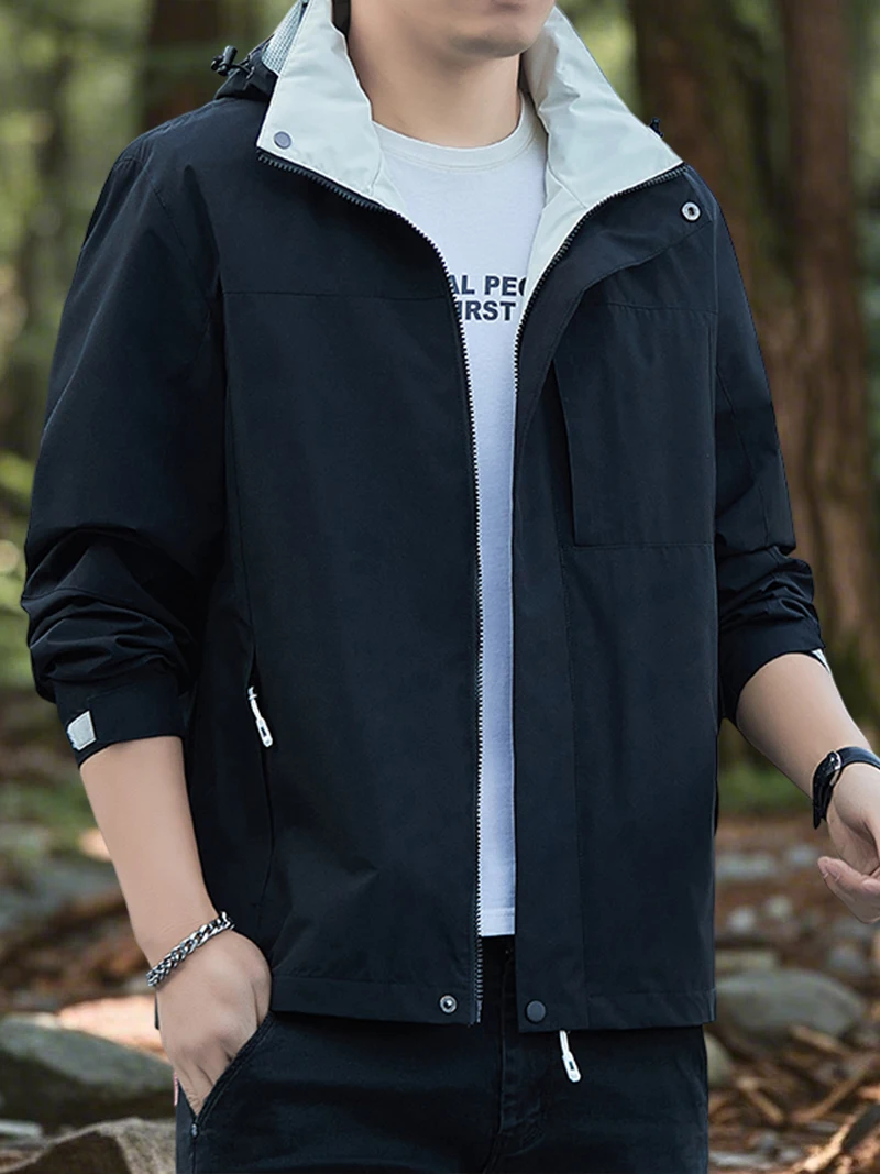 سترة مضادة للماء للرجال مع غطاء محرك السيارة مبطن بشبكة قابلة للتنفس لربيع الخريف للرجال والنساء بلون سادة معاطف للتخييم والمشي لمسافات طويلة خفيفة الوزن #6