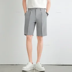 2024 Summer Men's Business Suit Shorts Solid Color Loose Straight Drapey British Casual Knee-length Trousers for Men Dark Grey