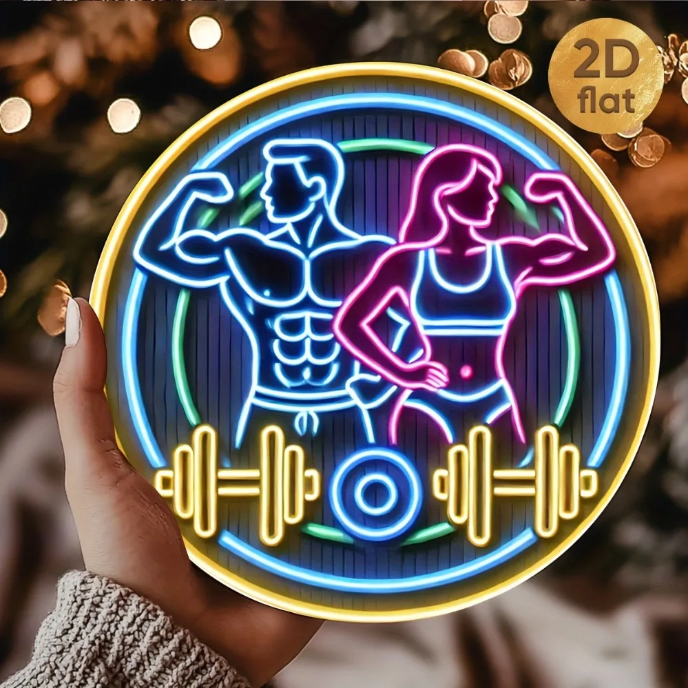 2D Metal Sign Metal Gym Sign, 7.87in Round Fitness Decor Weightlifting Equipment for Home Garage Bar