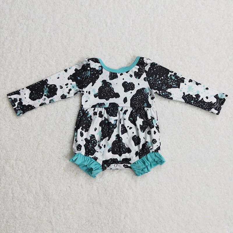 Newborn Western Cow Print Bubble Baby Girl Romper Long Sleeve Bow Button Down Shirt Jumpsuit Kid Toddler One-piece New Clothes