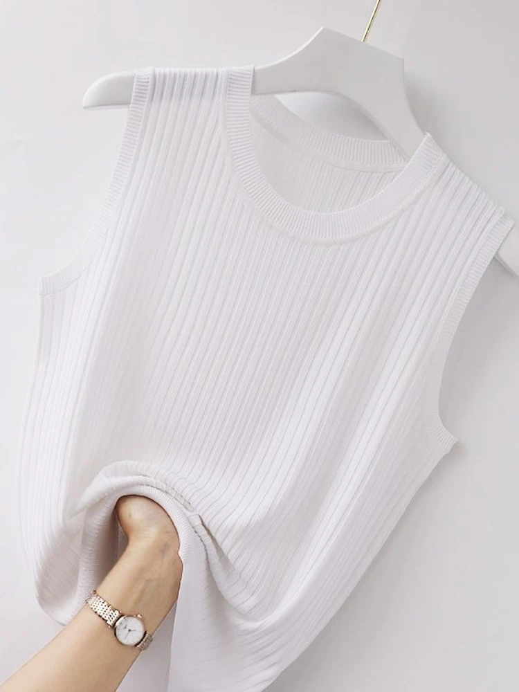 قميص قصير نسائي مريح بلون سادة لعام 2025، قميص صيفي محبوك أبيض قصير بدون أكمام #2