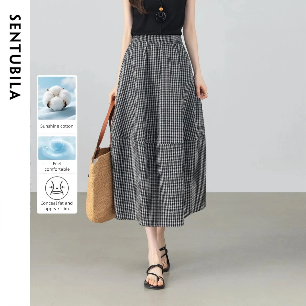 

SENTUBILA Women Cotton Bud Skirt Slimming Black and White Plaid Maxi Skirt 2026 Summer Versatile Minimalist Retro 162QK6885