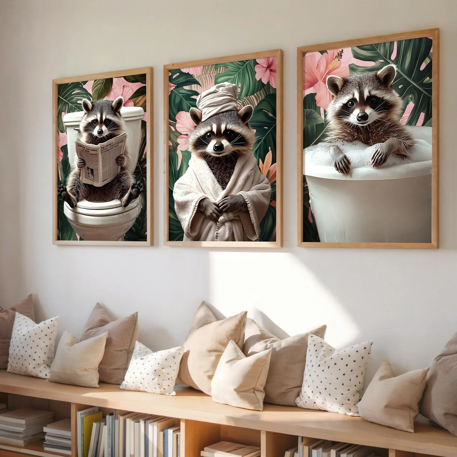 3PCS Raccoon On Toilet Print  Cute Bathroom Decor Poster  Gallery Wall Art   Home Wall Decor  Canvas Paintings For Room Decor