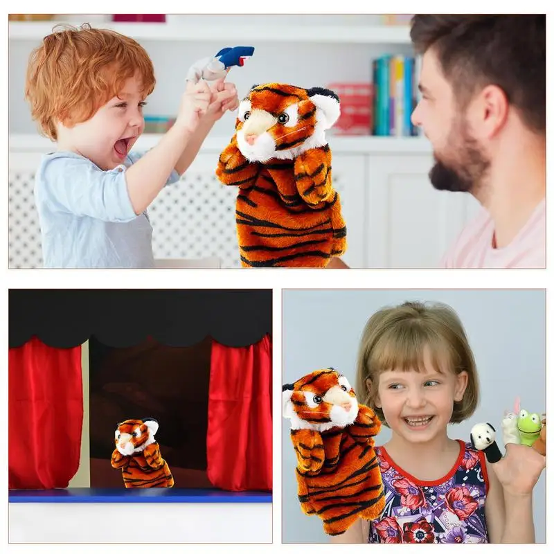 Fantoche de mão Tiger Cartoon Stuffed Finger Toys Brinquedo animal de pelúcia Boneca macia para crianças e adultos