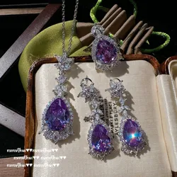 2024 New Fashion Lavender Amethyst Bridal Jewelry Sets for Women Charms Water Drop Purple Crystal Luxury Ring Earring Necklace