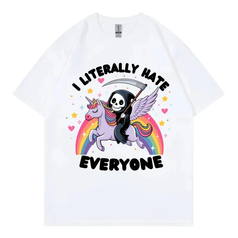 I Literally Hate Everyone Funny Unicorn Reaper Meme T-shirt Harajuku Y2k Style T Shirt Men Women Fashion Casual Cotton T-shirts