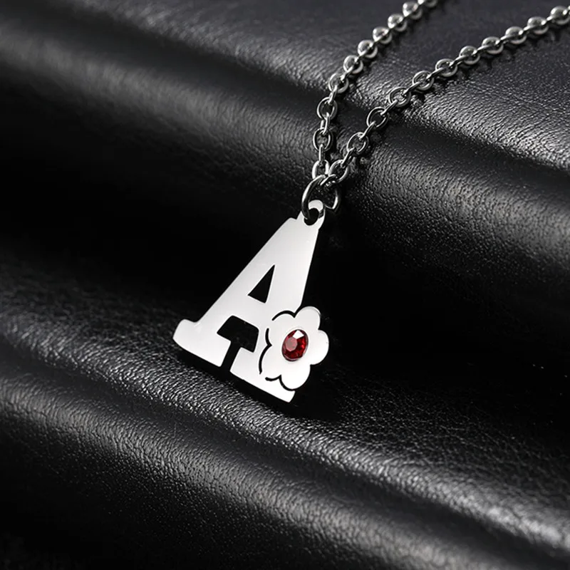 Stainless Steel 26 Letters Necklace Flower Alphabet Pendant with Red Stone Choker Necklace Initial Single Name Necklace Jewelry