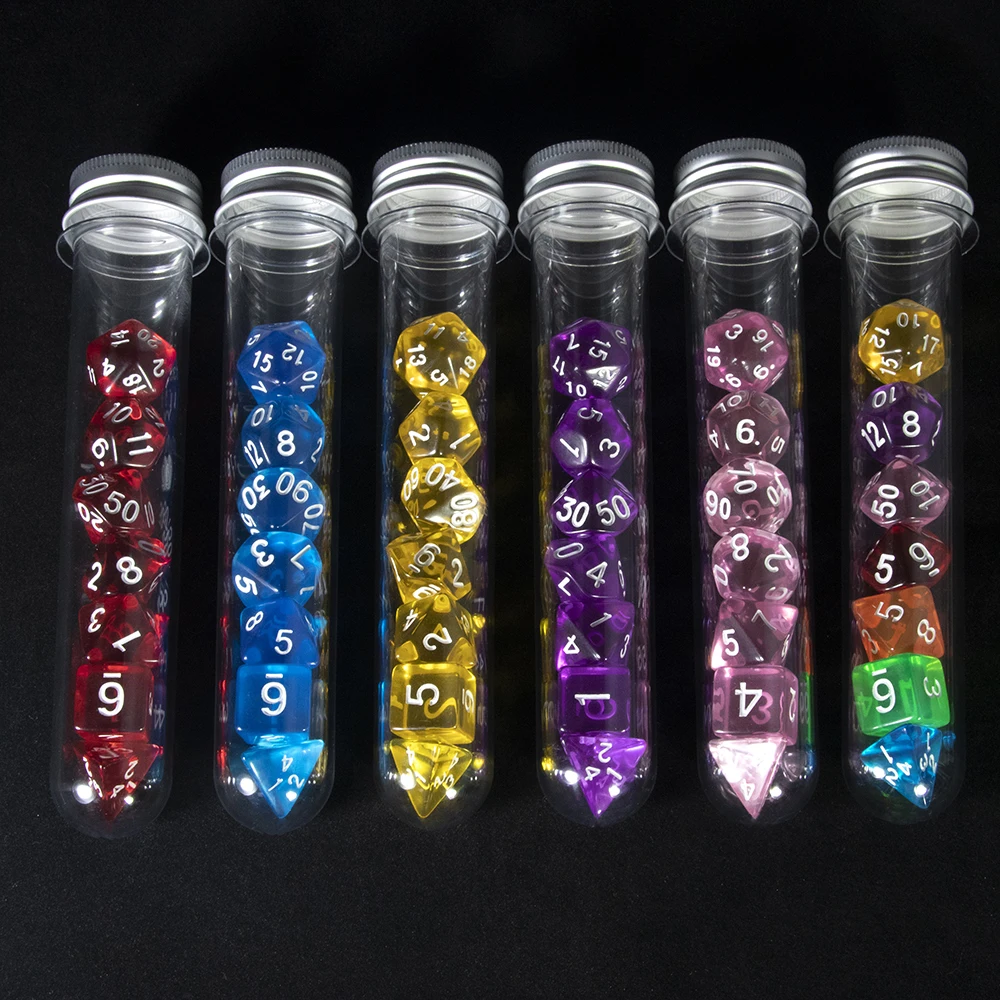 

Набор многогранных кубиков DND, прозрачные акриловые кубики для ролевых игр, ролевых игр D&D, 7 шт. D4 D6 D8 D10 D12 D20 с трубкой