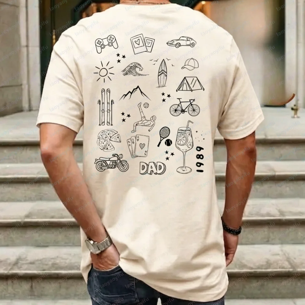 Personalized Doodle T-shirt Featuring Your Choice of Designs and Hobbies As Line Illustrations Outdoors High Quality Cotton Tops