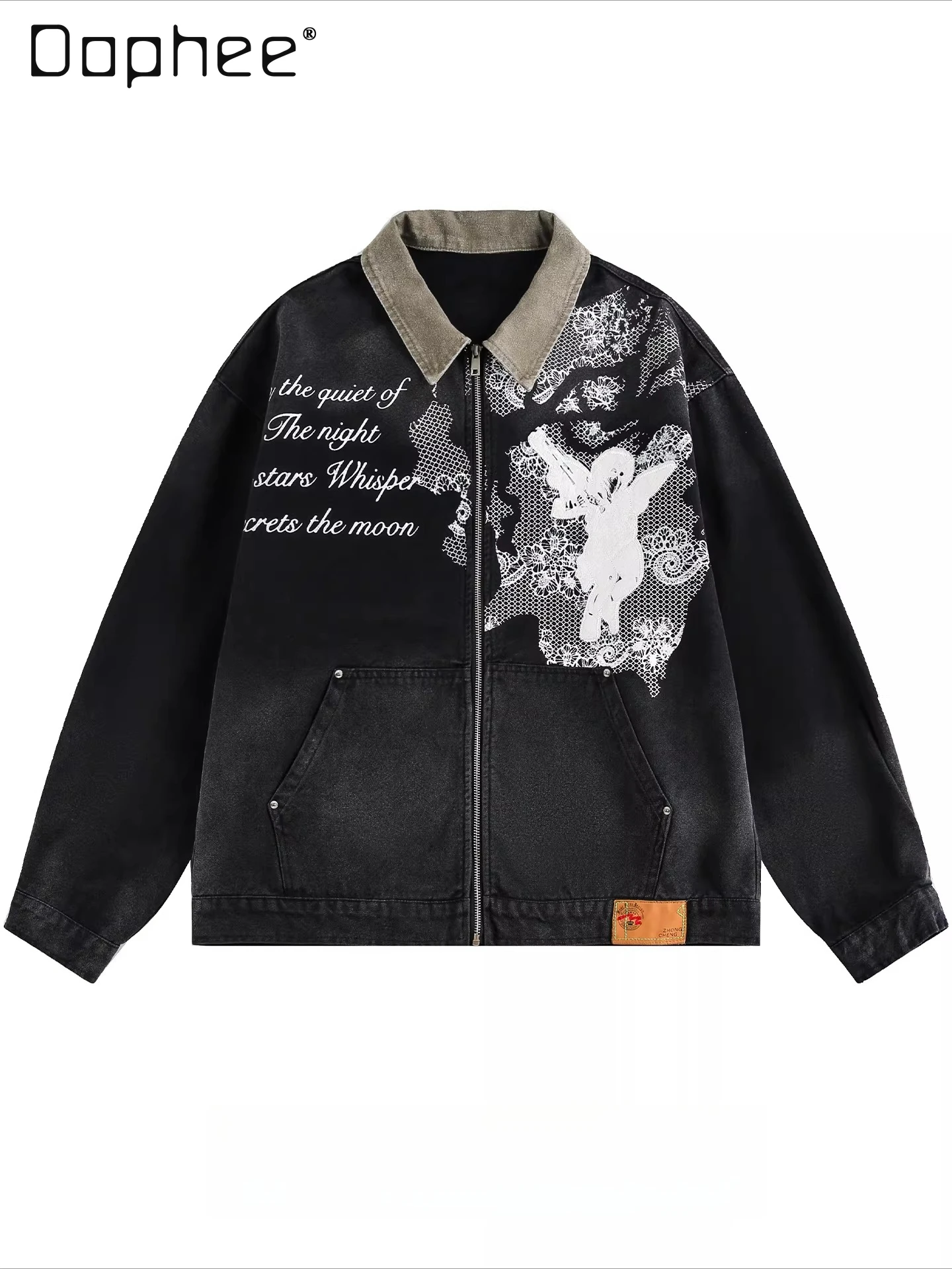 

Spring and Autumn New American Street Style Letter Print Lace Embroidery Washed Loose Versatile Casual Men's Black Denim Jacket