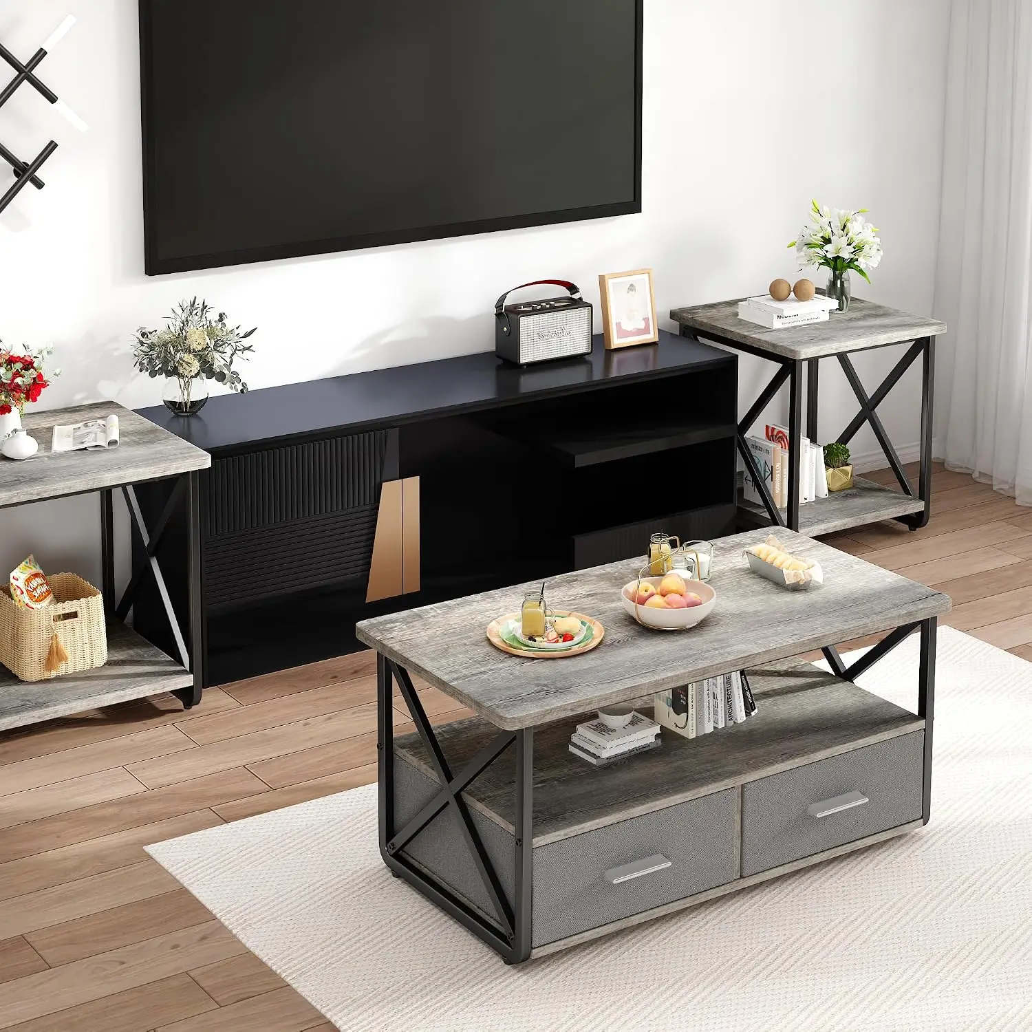 3 Piece Coffee Table Set With Fabric Storage Drawers And Shelves, Industrial Farmhouse Wood Metal Center Table With 2 End Tables For Living Room Small Spaces Apartment, Rustic Brown