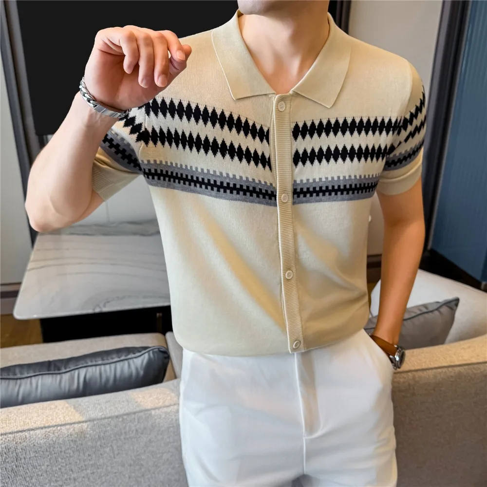 100% Lyocell Collar Knitted Men's Casual Business Knit Cardigan Short Sleeve Striped Polo Shirts Breathable Comfortable Top 2026