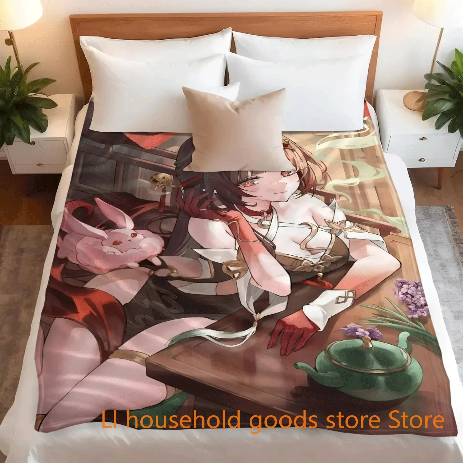 Honkai Star Rail Lingsha Flannel Art Blanket Soft Plush Sofa Bed Cover for All Seasons Cozy Quilted Throw