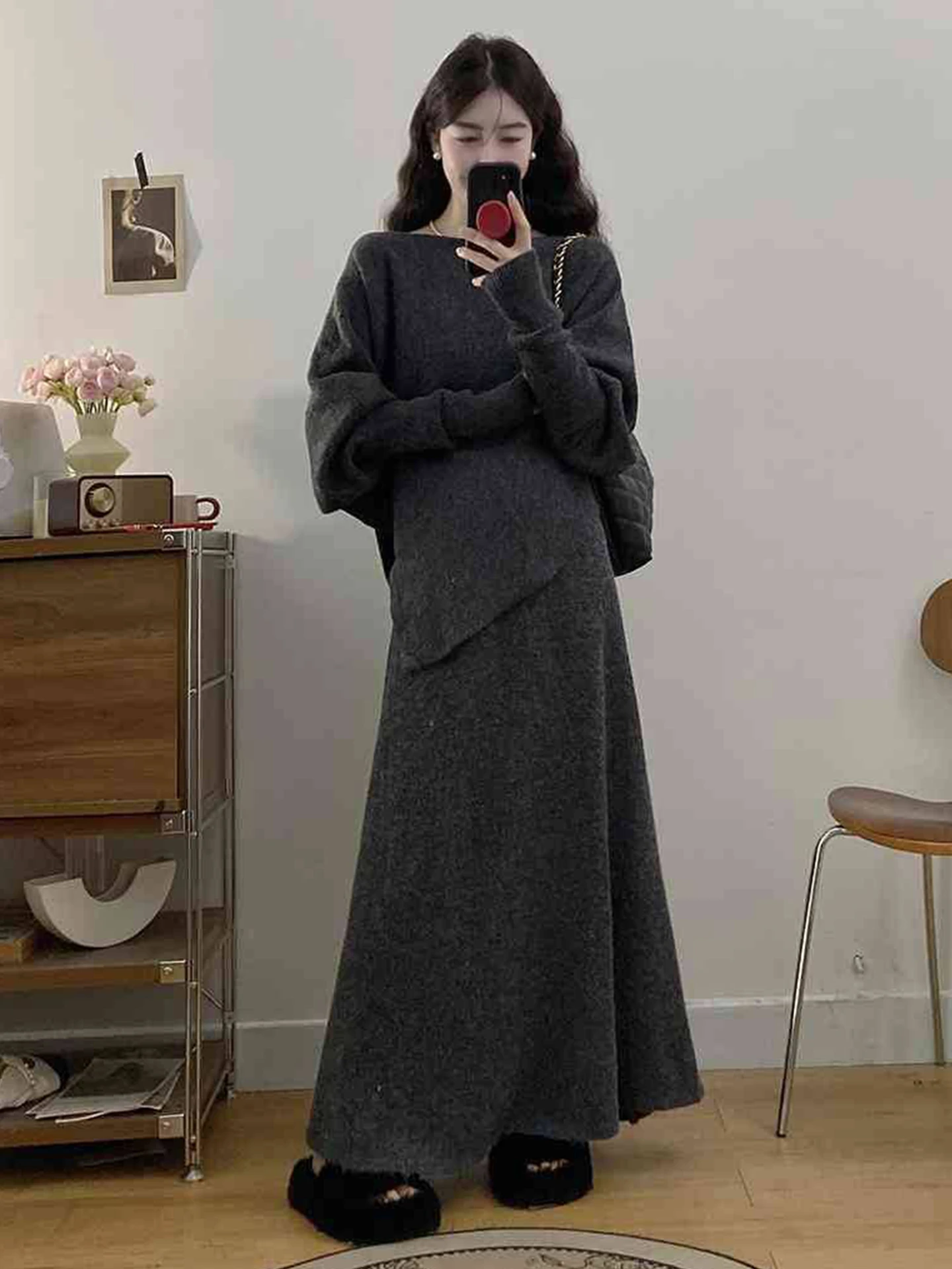 

Вязаный свитер и юбка-трапеция для женщин: новый осенне-зимний комплект в корейском стиле, приталенный крой