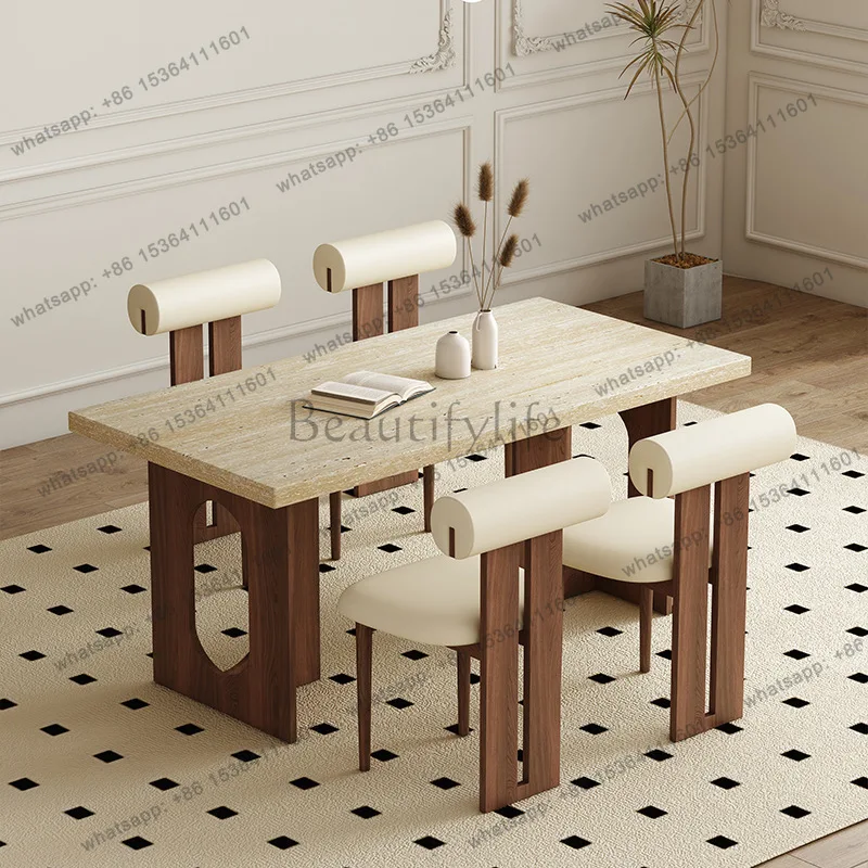 

Medieval style solid wood travertine rock slab dining table modern simple villa large apartment high-end home