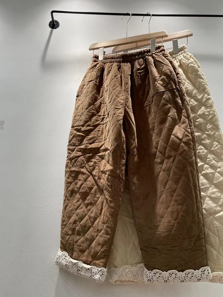

Winter Women's Cotton Pants High Waist Straight Leg Corduroy Filled Elastic Waist Lace Trim Splicing Thiened Long Trousers