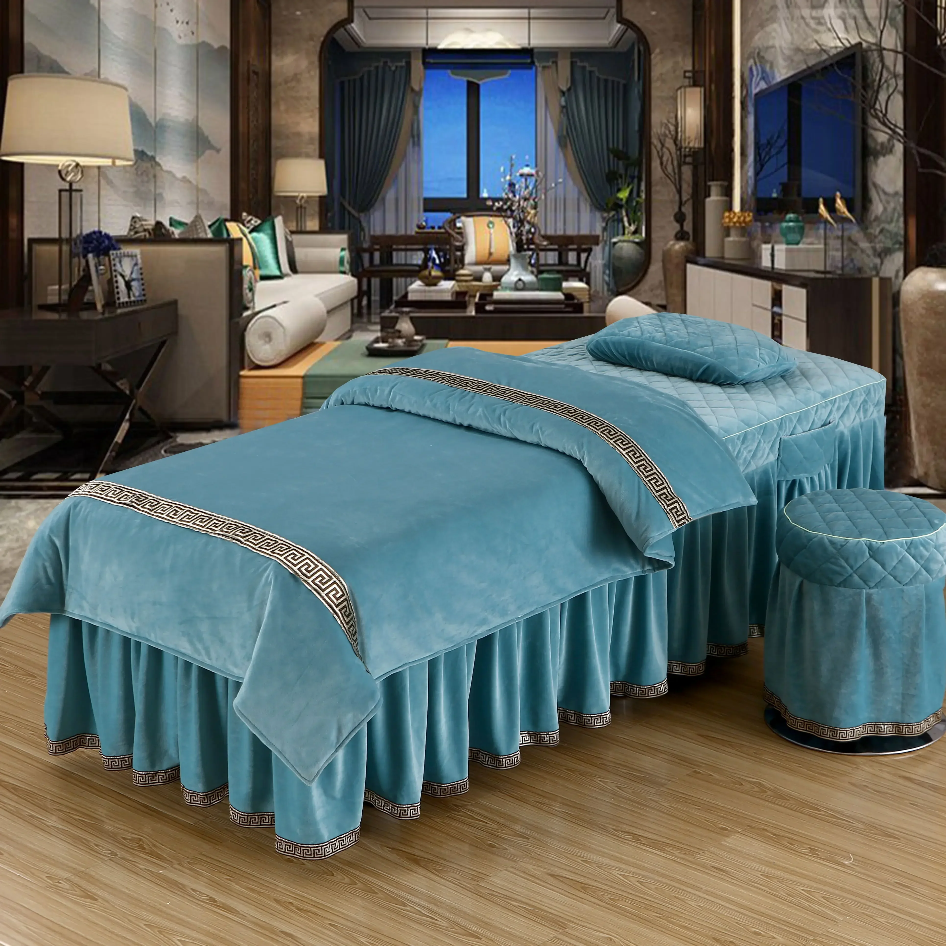 4pcs Velvet Warm Beauty Salon Bedding Set for Winter Thicken Massage Spa Use Bed Linens Duvet Cover Bed Skirt Quilt Sheet