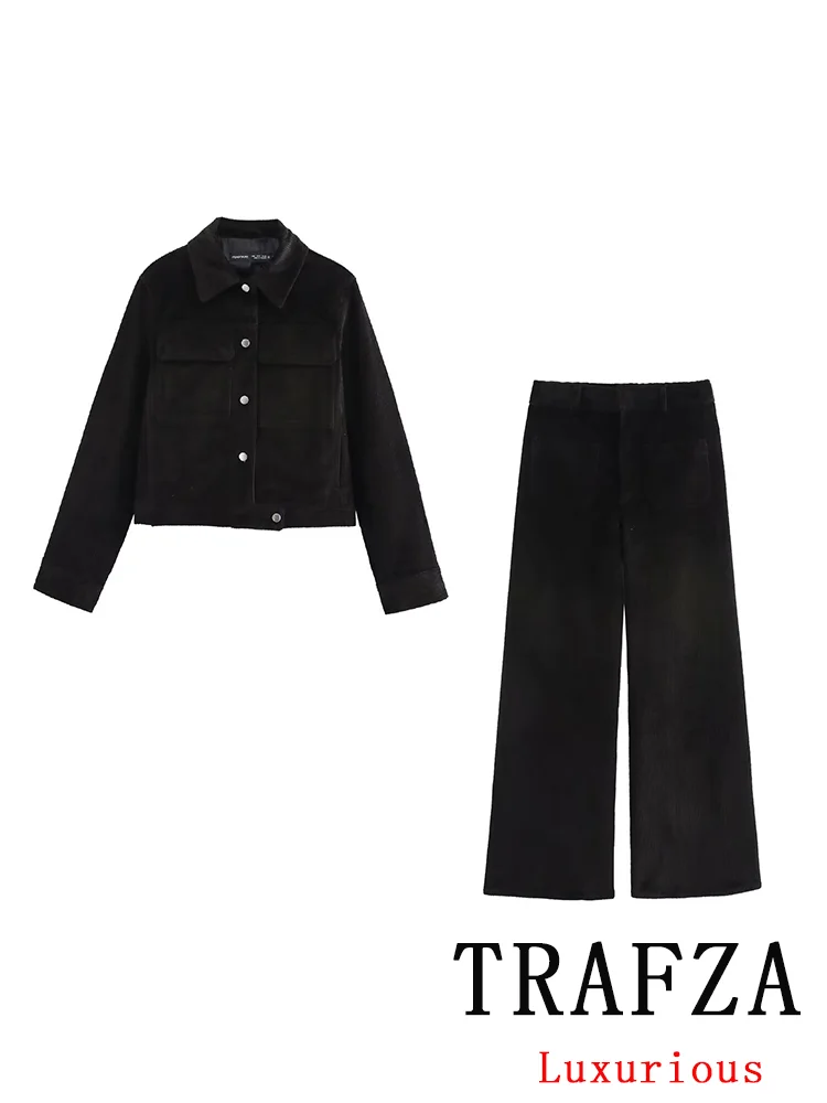 TRAFZA Vintage Casual mujer traje de pana de un solo pecho manga larga bolsillos abrigo pantalones largos sueltos nueva moda 2025 conjuntos de primavera
