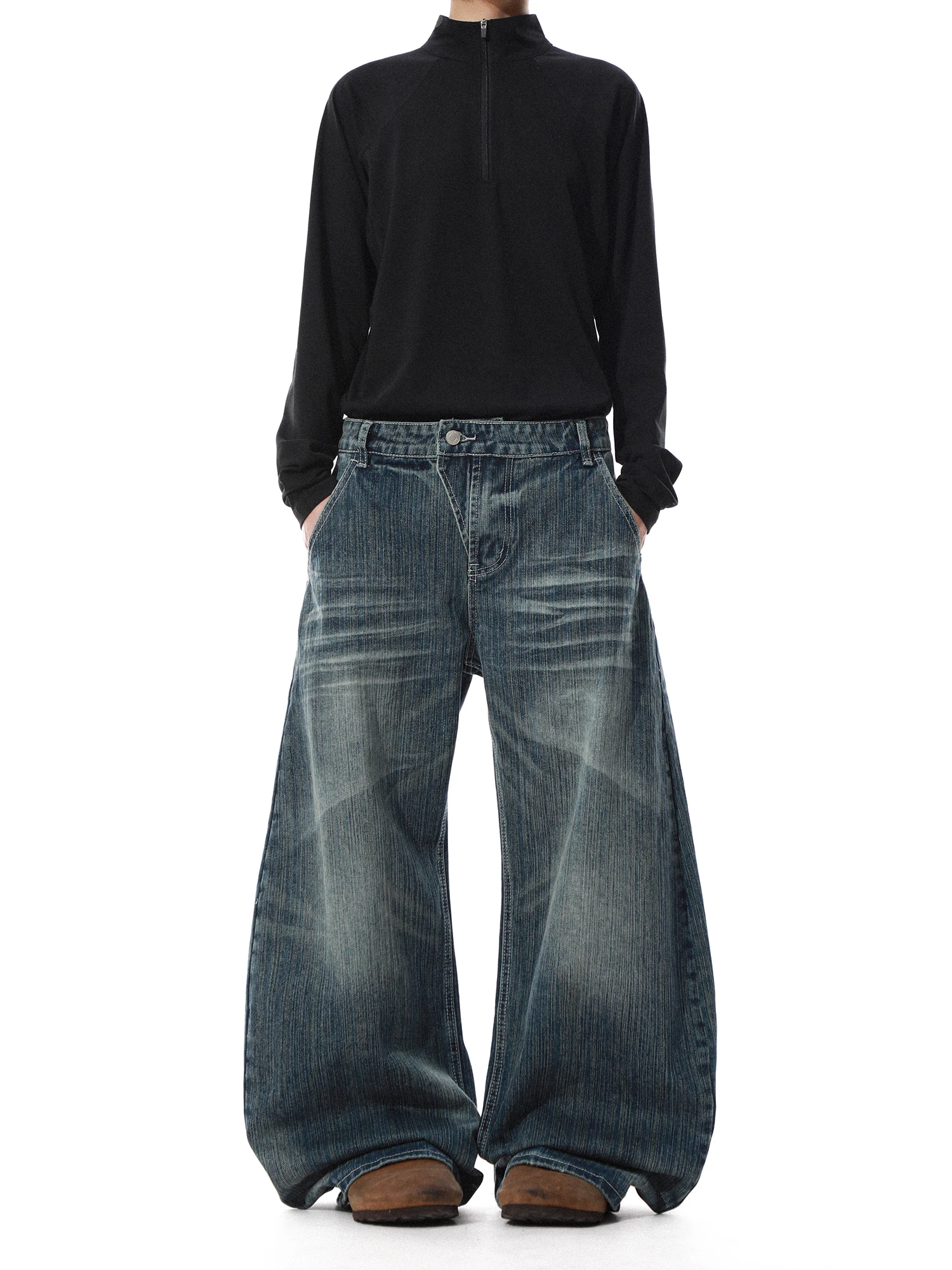 Calças Jeans Retrô Americanas Lavadas de Perna Larga, Modelo Solto com Corte em Faca, Marca da Moda, Calças Longas de Algodão...