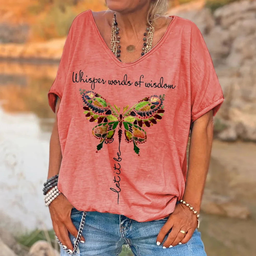 

Rheaclots Women's Whisper Words Of Wisdom Butterfly Printed Hippie T-Shirt