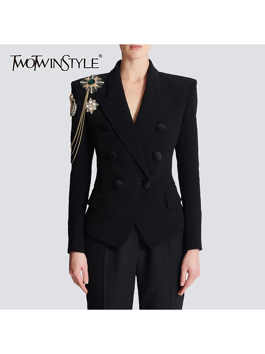 TWOTWINSTYLE Afslanken Gesplitste Kraal Temperament Blazers voor Vrouwen Revers Lange Mouwen Patchwork Kettingen Mode Blazer Vrouwelijke Nieuwe