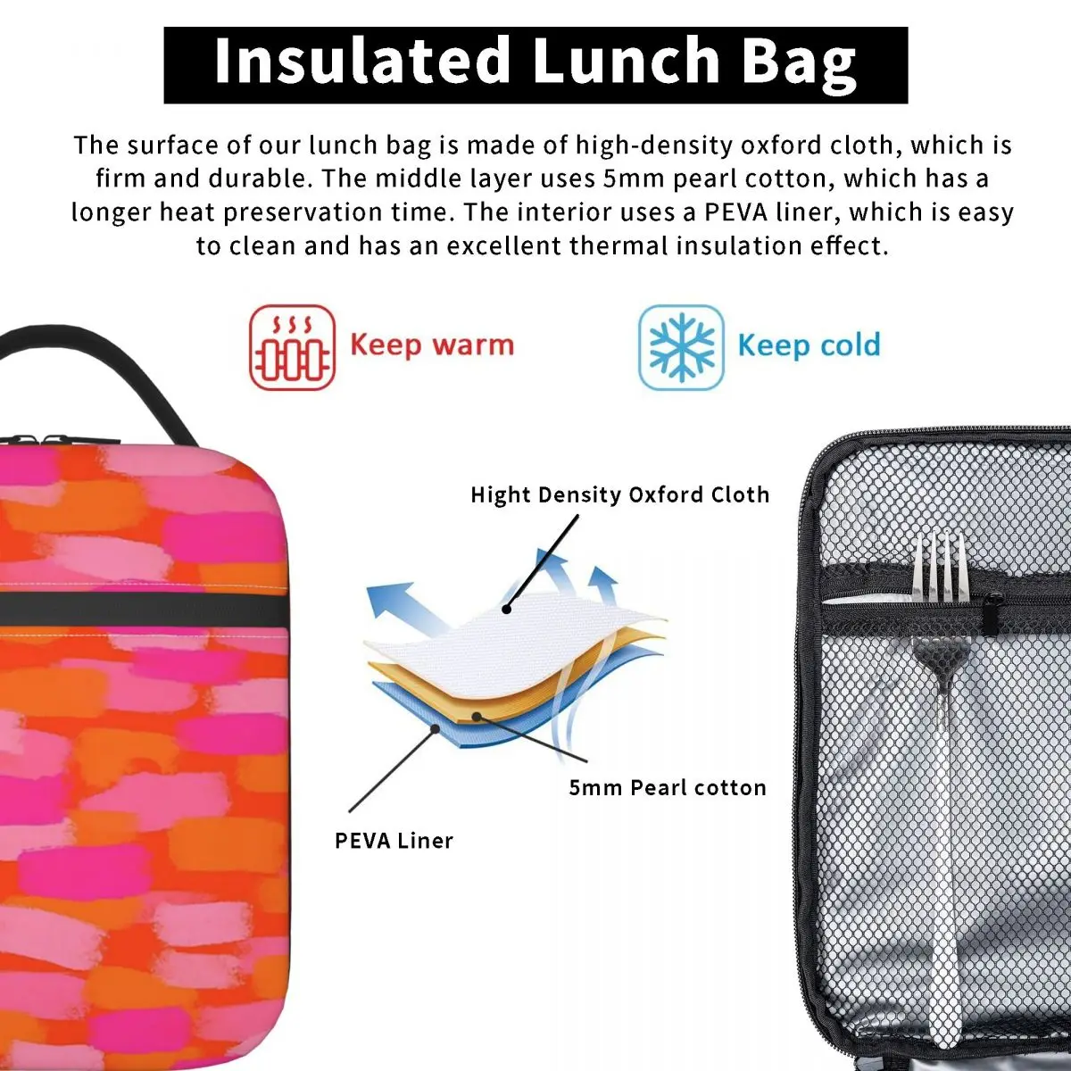 Abstract, Pink And Orange, Paint Brush Effect Insulated Lunch Bag for Women Children Portable Food Boxes Thermal Lunch Box Tote
