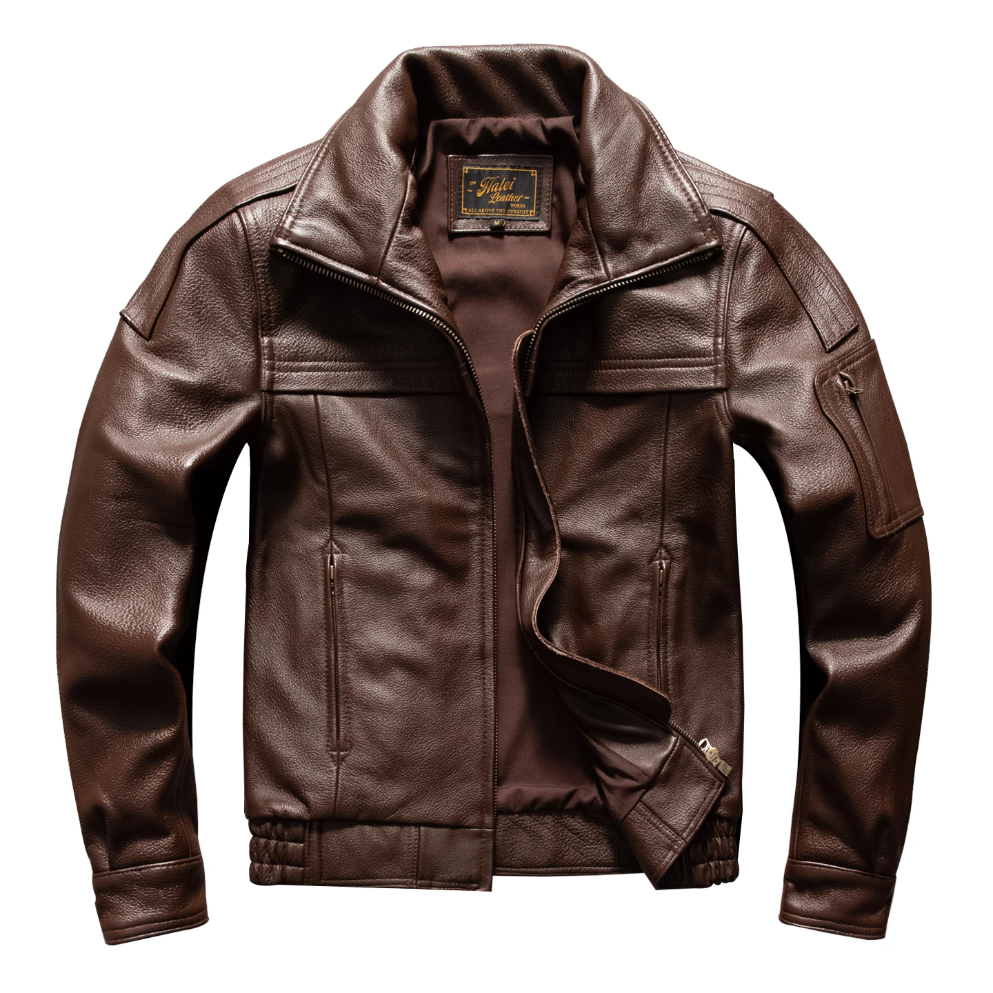Men's Brown Leather Jacket  Vintage Flight Jacket with Stand Collar, Military Style, Front Zipper, Sleeve Pocket, Ribbed Hem