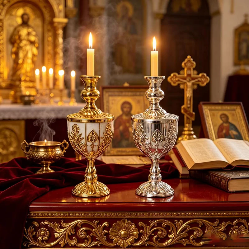 Verzierte Gold-Metall Orthodoxe Vigil-Lampe Roter Glas-Kerzenhalter mit Kreuz Emaille-Lampe für Heim-Altar Christliches Religiöses Geschenk – Detail 4