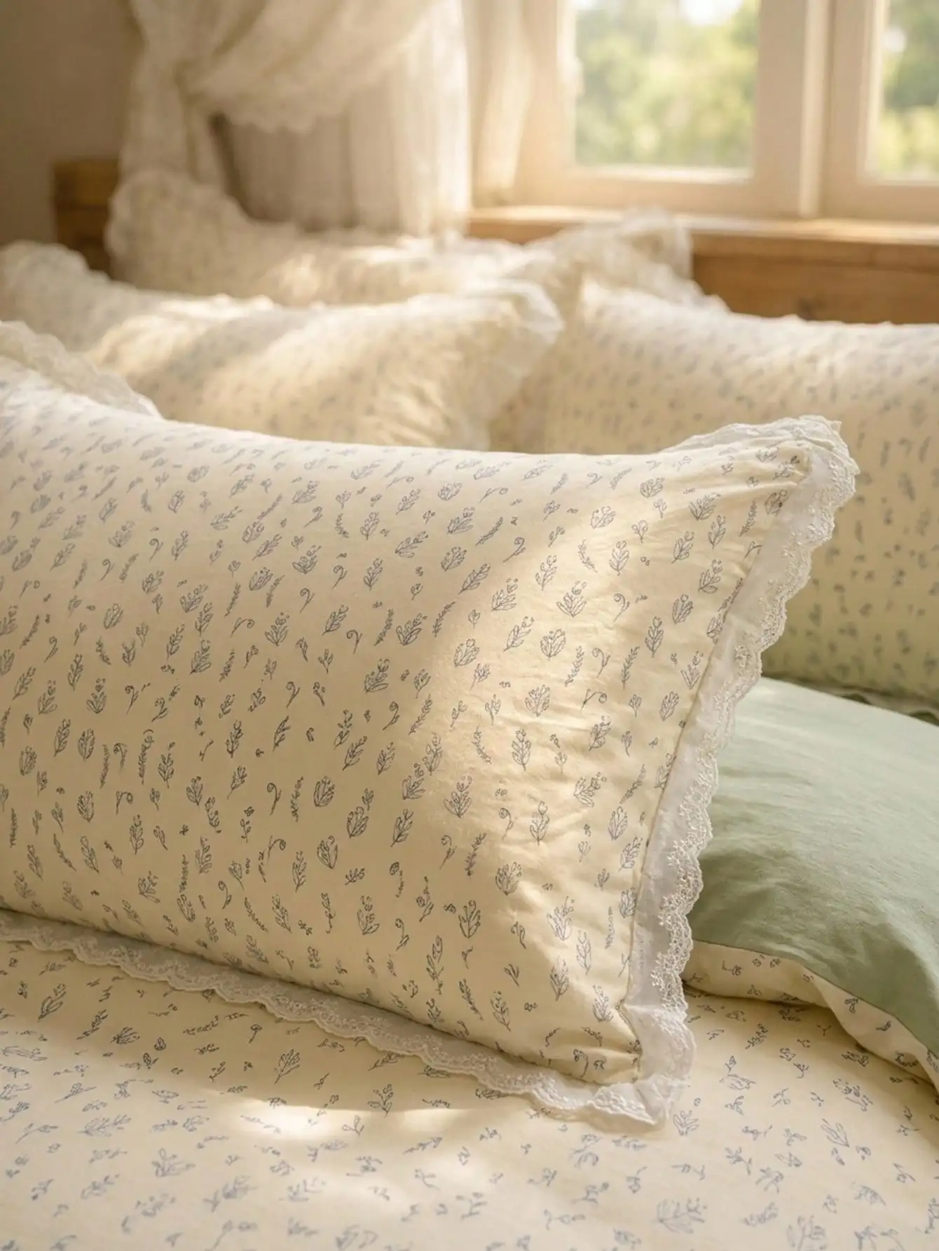 Cirelle 3pcs Reversible Sage Green Floral Duvet Cover Set With Lace Trim, Premium Microfiber Ditsy Flower Bedding Set, Cute Quilt Cover With 2 Pillow Shams (No Insert) sf260601013497711773255