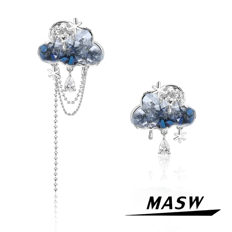 MASW Original Design Luxury Temperament Blue Shiny Glass Cloud Shape Stud Earrings For Women 2024 Trend New Hot Selling