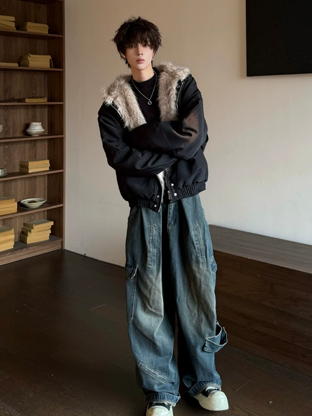 블라 퍼 칼라 남성용 코튼 재킷 후드 파카 따뜻한 가을 겨울 클린핏 아메리칸 레트로 슬림 핏 청년 패션