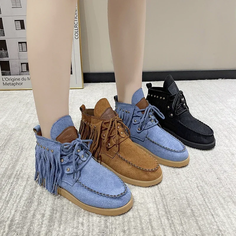 Vintage Tassel Lace-up Ankle Boots for Women Autumn Winter Pointed Toe Cowgirl Boots Woman Suede Western Cowboy Chelsea Boots