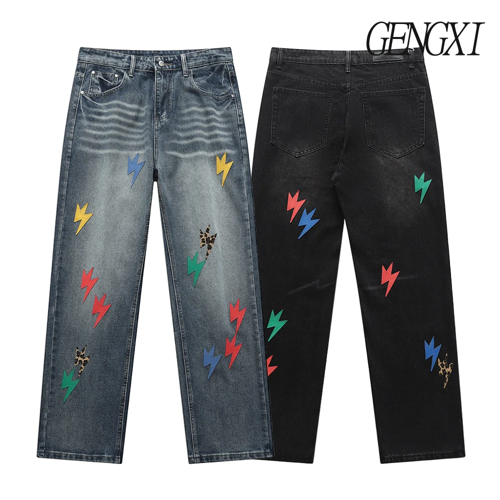 هاي ستريت النمط الأمريكي خمسة ألوان البرق مستقيم الساق الجينز جديد الرجال فيبي العصرية بناطيل كاجوال نمط الشارع Y2K الجينز
