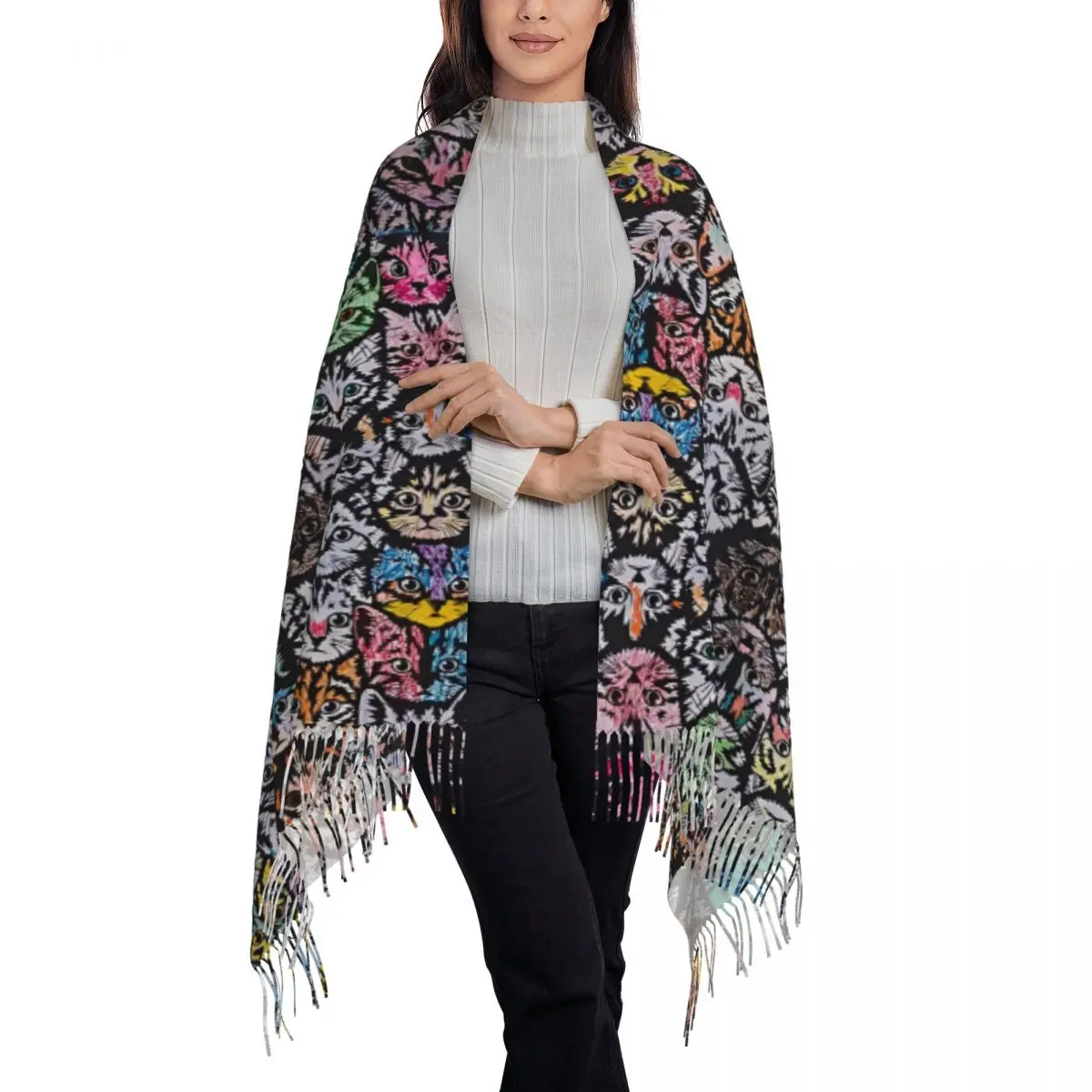 카툰 고양이 스카프 여성용 대형 스카프 긴 테슬 겨울 y2k 쿨 숄 및 랩 따뜻하게 유지 맞춤형 DIY 부판다