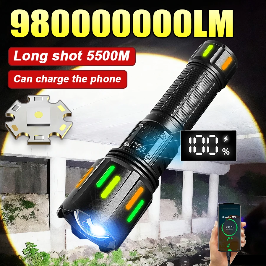 

980000000LM Супер мощные светодиодные фонарики Мощный фонарик Светодиодный фонарик Перезаряжаемый Тактический фонарик для охоты, рыбалки, кемпинга