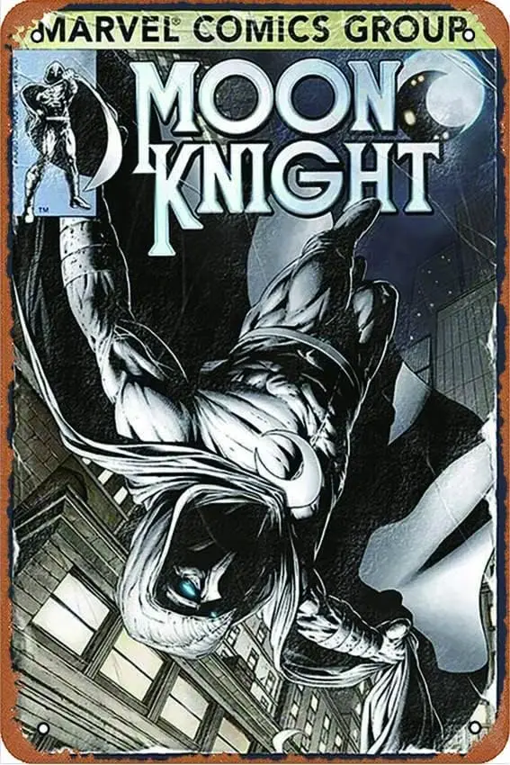 Poster Moon Knight - Comic Book Cover Brands Metal Tin Sign Vintage Sign for Bars Wall Decor Retro Style Plaque 8x12 Inch sign