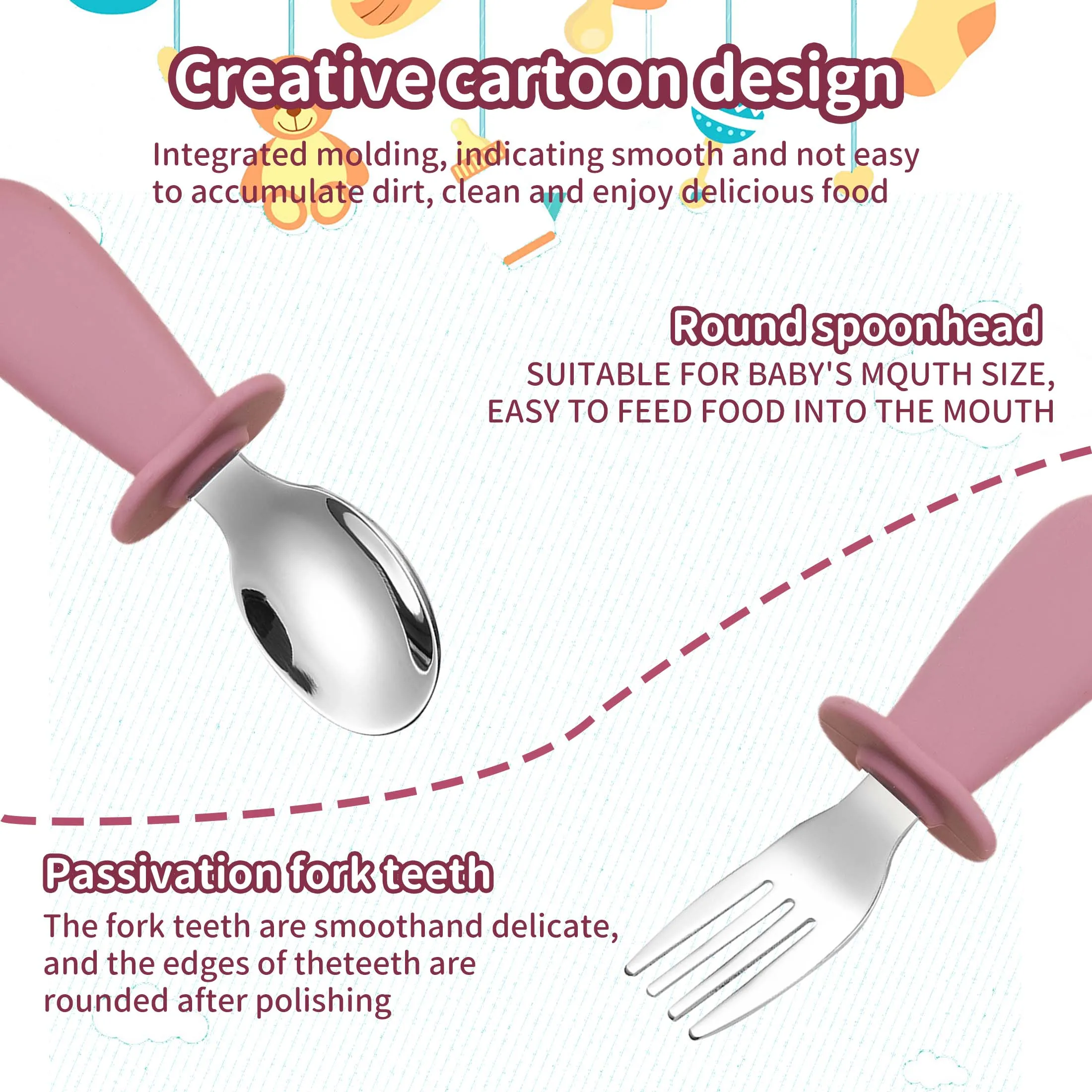 طقم أدوات مائدة وملعقة سيليكون مكون من 3 قطع لأطعمة الأطفال وأدوات التغذية وملعقة شوكة للأطفال من الفولاذ المقاوم للصدأ #4