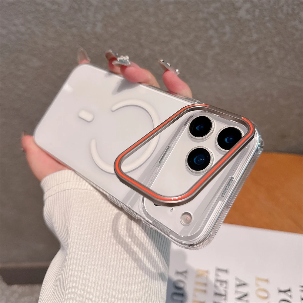 

Camera Stand Bracket Magnetic Transparent Case for iPhone 17 Air 16 15 14 Pro Max Wireless Charging for Magsafe Acrylic Cover