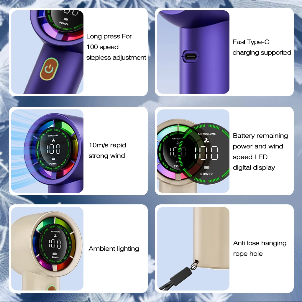 Handheld Fan 6 Speed 3000mAh Battery Personal Digital Display USB Rechargeable for Travel Outdoor School Gift Idea