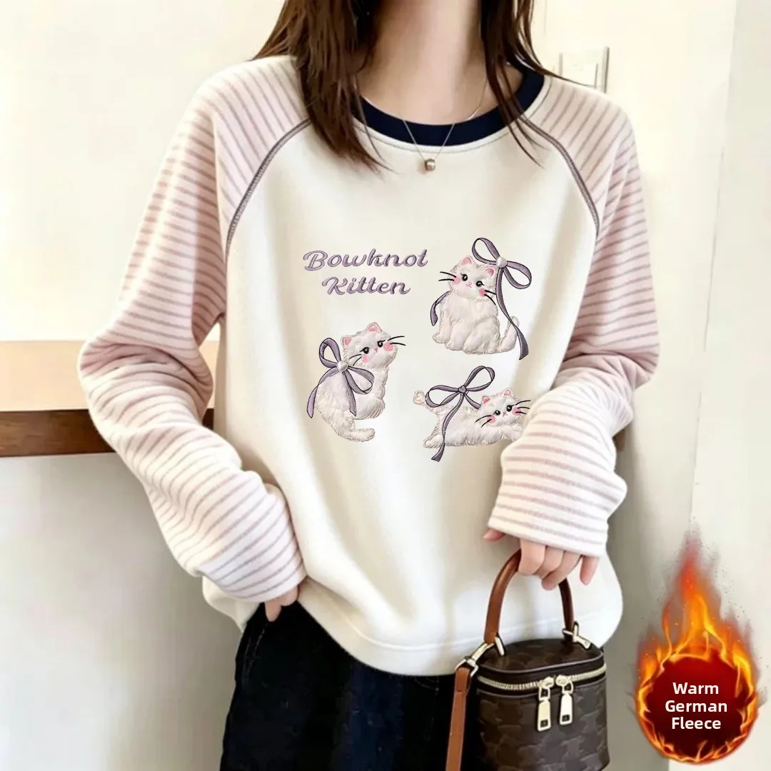 Thickened German Velvet Casual Loose T-Shirt Women's Long Sleeve round Neck Base Shirt Winter Autumn Animal Pattern Creative