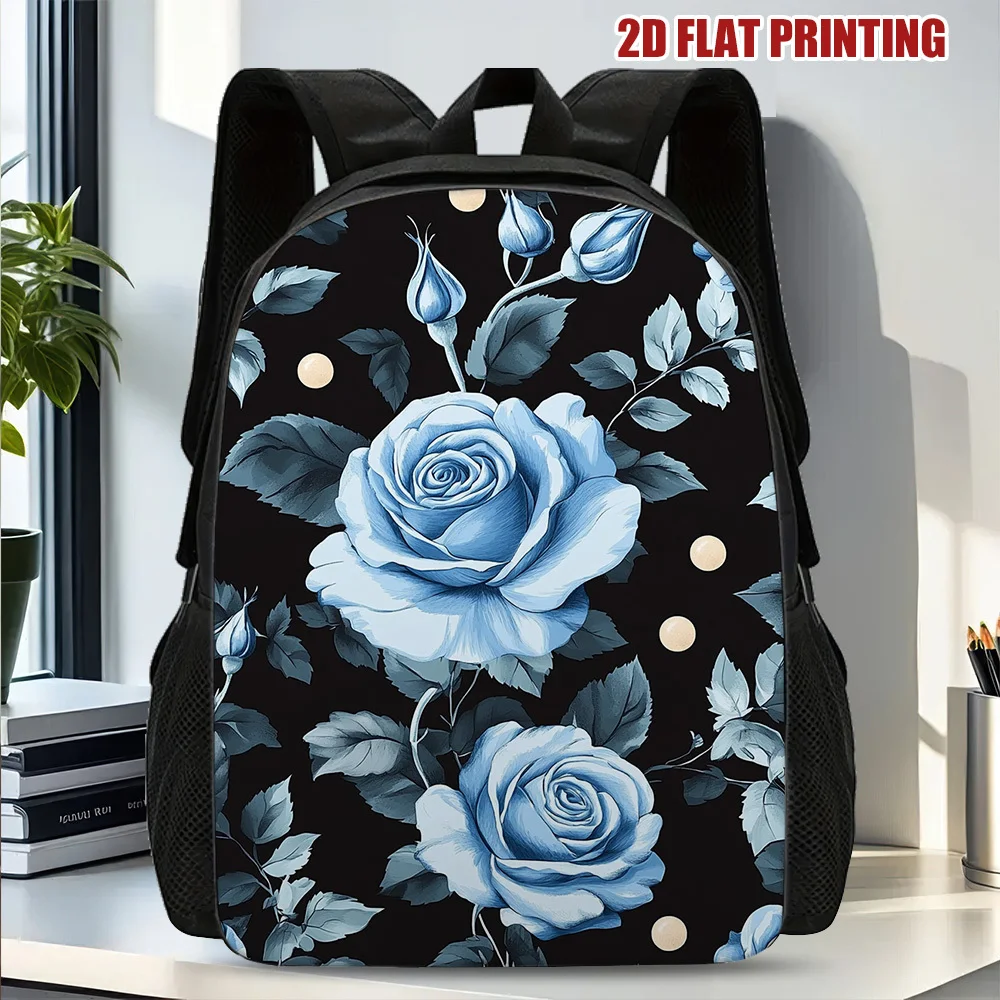 

1 Stylish Blue Rose Pattern Backpack - Large Capacity, Lightweight, Adjustable Shoulder Strap, Washable Zipper Closure, Ideal