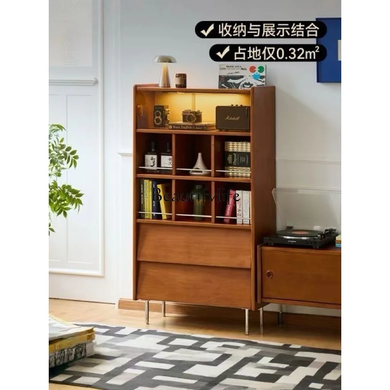 خزانة مجمعة من الخشب الصلب بتصميم عتيق ورف خزانة كتب بباب زجاجي وأرضية جدارية مدمجة #2