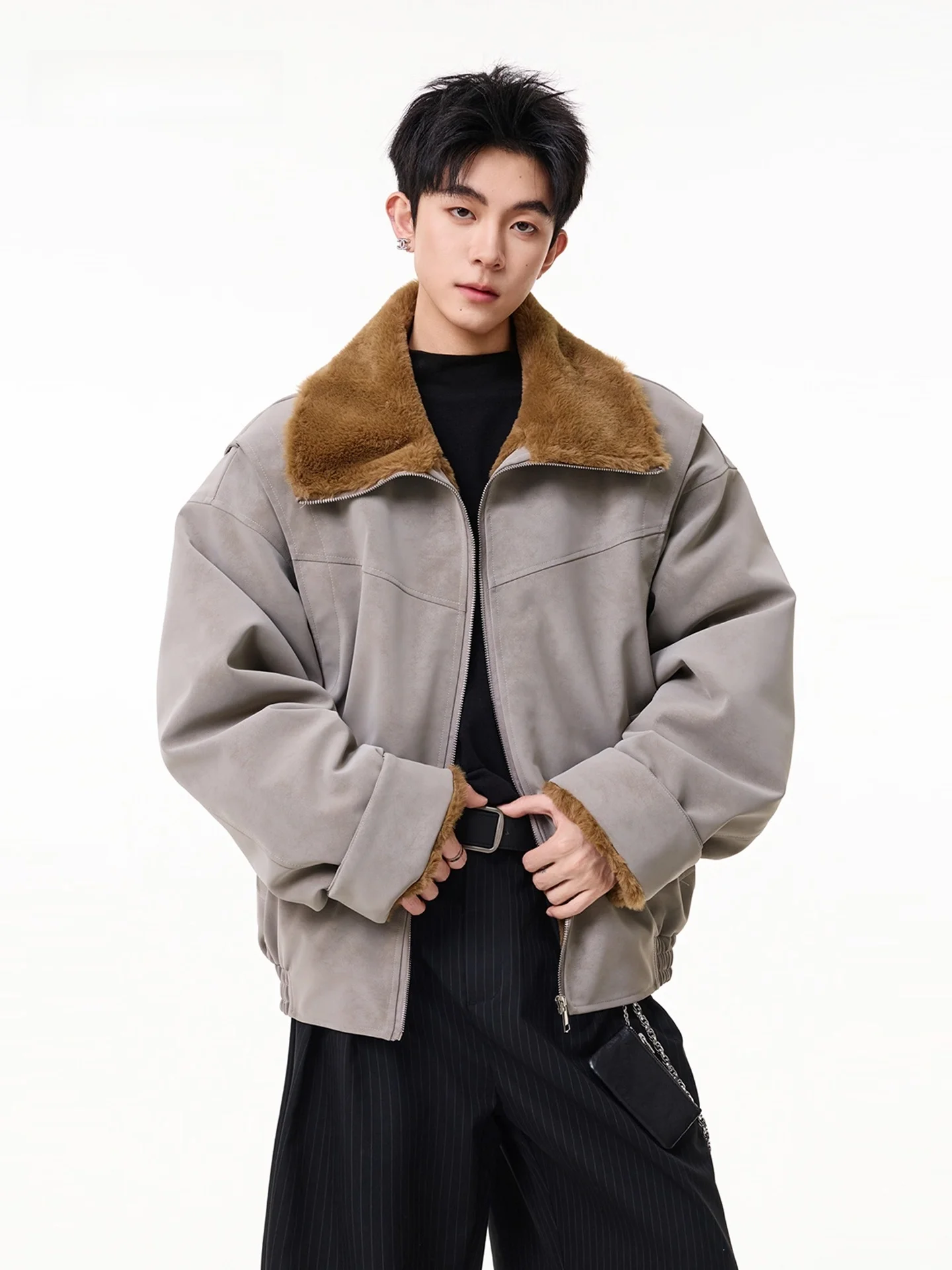 

Trendy Thiened Faux Rabbit Fur Cotton Jaet Men Women Winter Warm PU Leather Coat Loose Motorcycle Sle Stand Fit Yout...