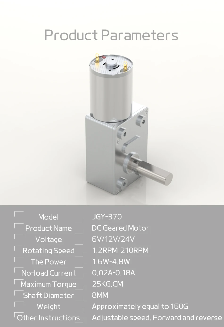 JGY370 Schneckengetriebemotor DC 12V 8MM D7 Achsengetriebe 6V 24V Selbsthemmendes Rückwärtsgetriebe Länge 25MM Niedrigdrehzahl-Mikromotor – Detail 16