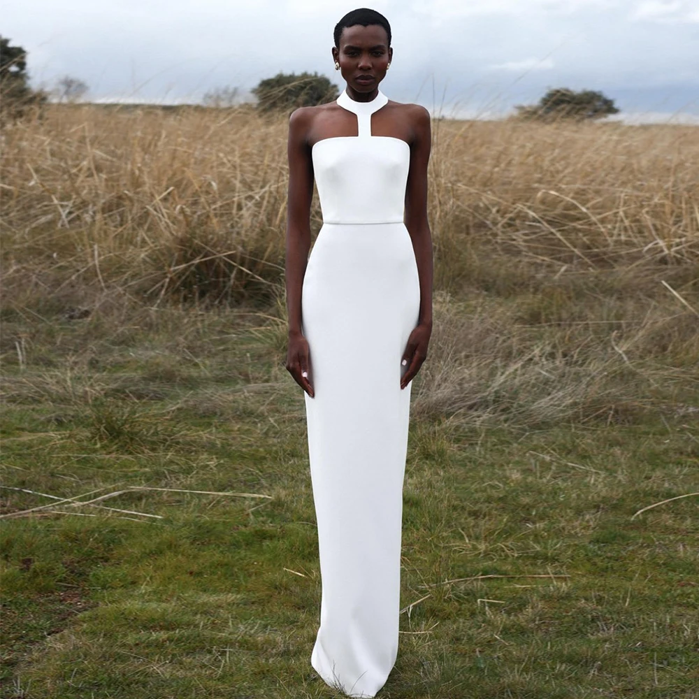 Simple Hall Wedding Dresses Crepe Fabric Sheath/Column Wedding Party Dress White Halter Watteau Train Modern Wedding Dress Long