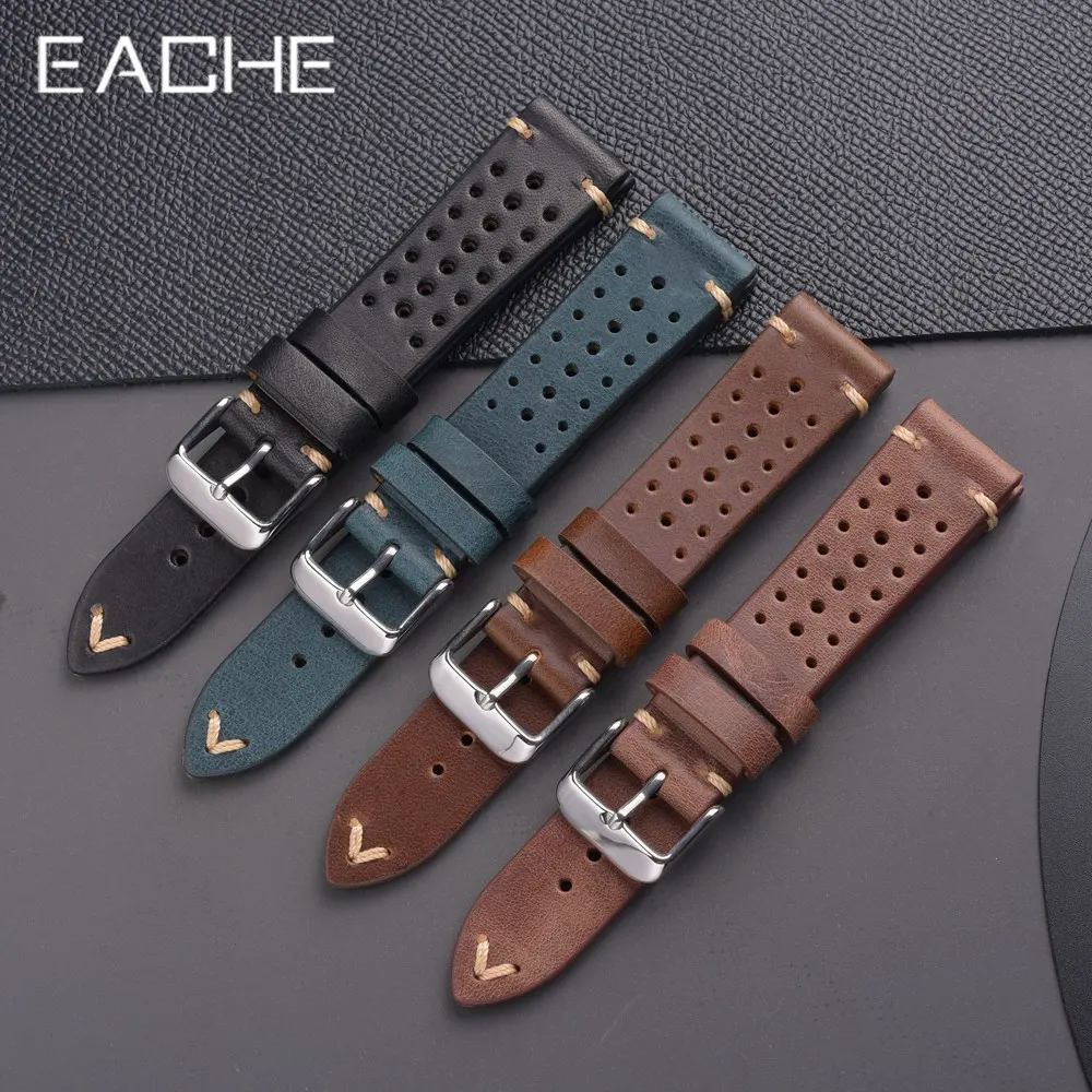 EACHE Rally Racing Band Retro Leather Watch Band Black Brown 18mm 20mm 22mm