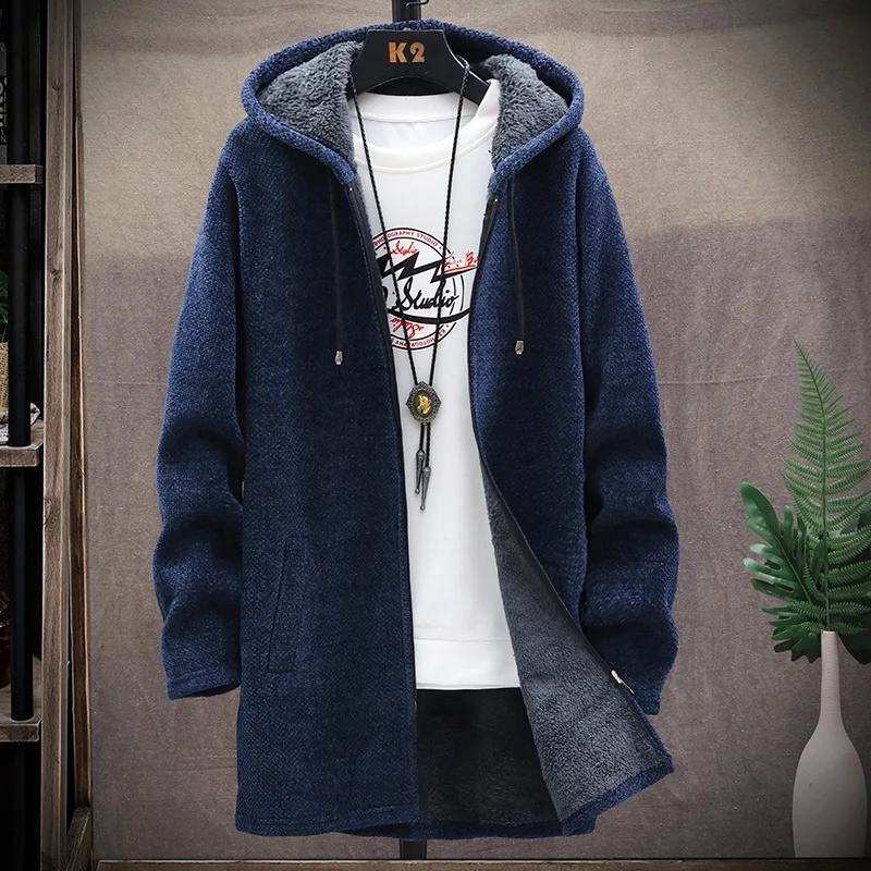 Moda di grandi dimensioni Casual Cardigan maglione tinta unita in pile caldo cerniera giacca con cappuccio nuovo abbigliamento uomo autunno e inverno