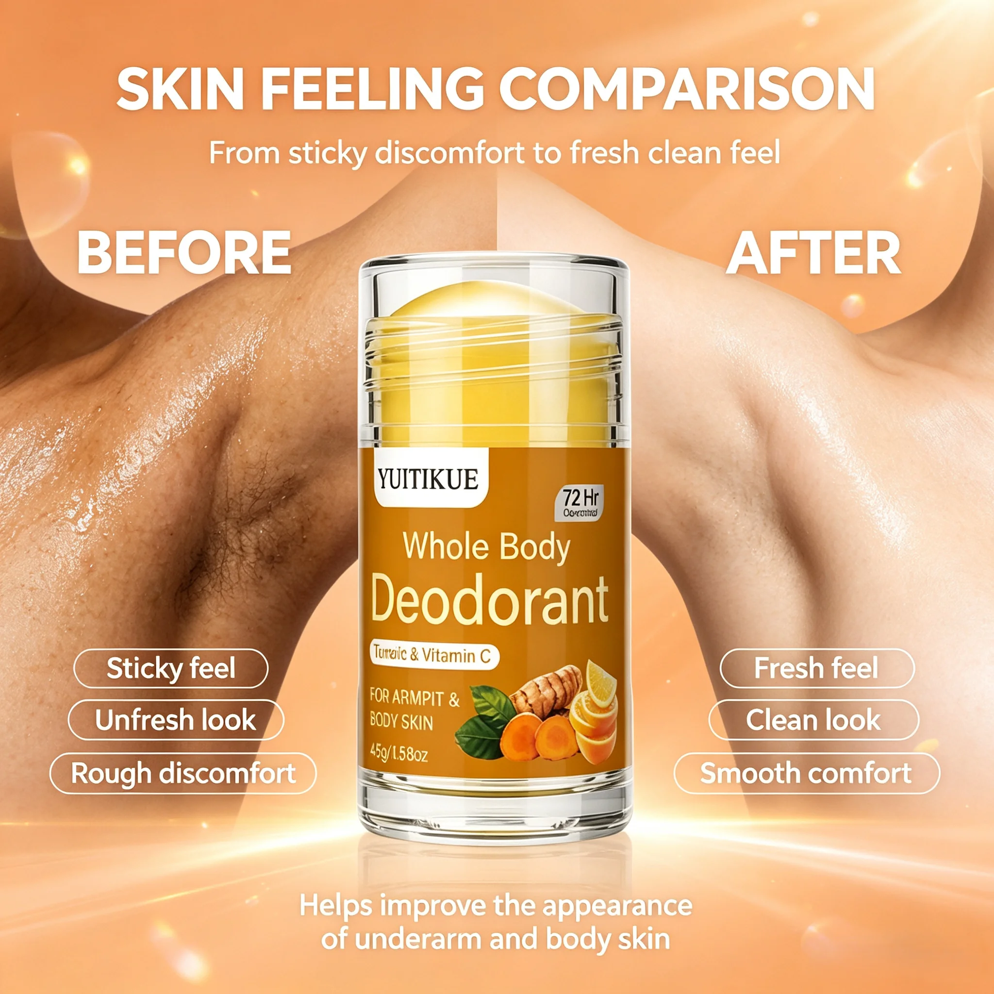 YUITIKUE 72Hr Odor Control Deodorant Stick Turmeric VC Formula Comfortable Whole Body Underarm Refreshing Skin Care Stick 45g