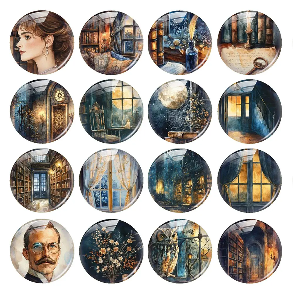Random Mixed Round/Oval/Square Dark Academia Vintage Library Photo Glass Cabochon Flatback Demo Cameo For Diy Jewelry Making
